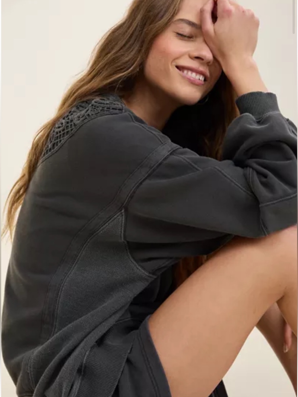 aerie M keep it light Charcoal Gray crochet back oversized Pullover sweatshirt